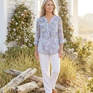 Cocomo Woman Top 2X Roll Tab Sleeves Paisley Plus Pastel Popover Wrinkle Free